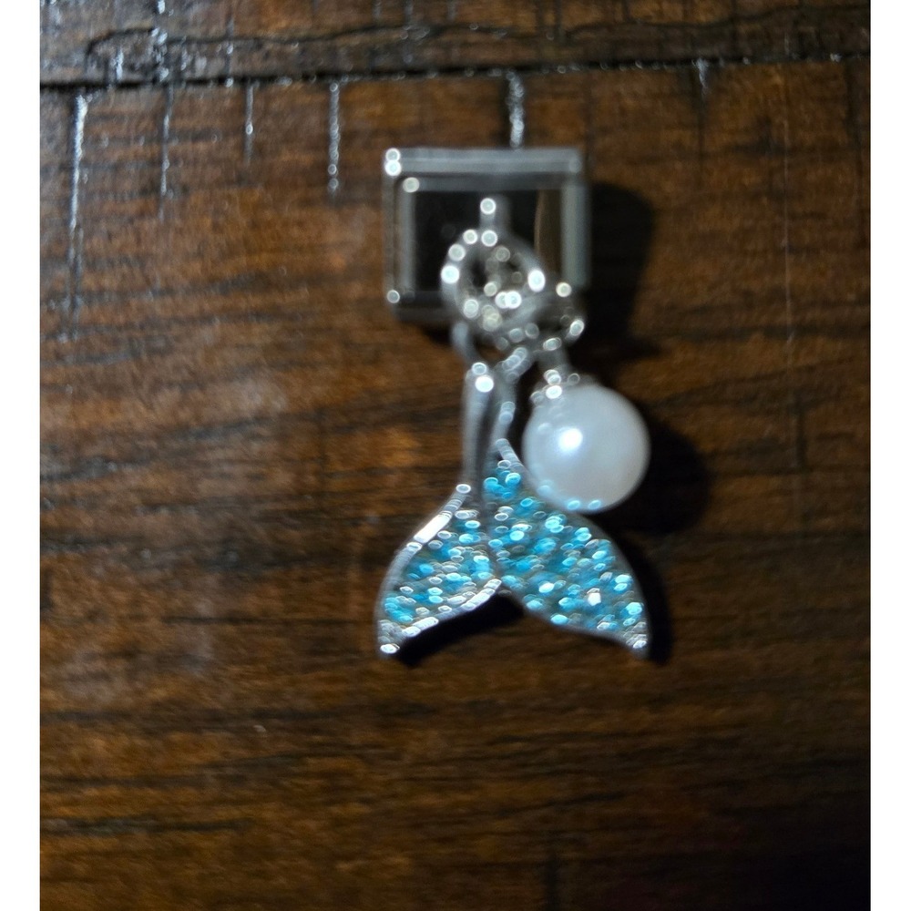 Mermaid‎ Tail Italian Charm Blue Glitter Faux Pearl Dangle Stainless Steel 9mm